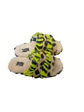UGG Furry Leopard Print Shearling Slippers 5.5 Neon Green Black